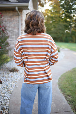 Camel and Grey Stripe Pinch Pleat Top | Tori Very J