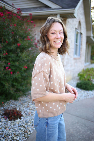 Taupe and White Polka Dot Short Sleeve Sweater | Sandy Entro