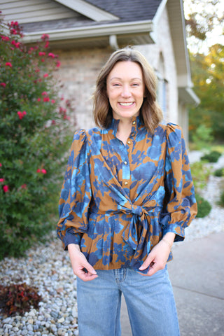 Brown and blue floral print top with tie waist detail, Entro
