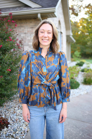 Brown and Blue Floral Print Tie Waist Top | Jade Entro