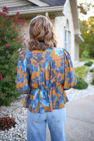 Brown and Blue Floral Print Tie Waist Top | Jade Entro