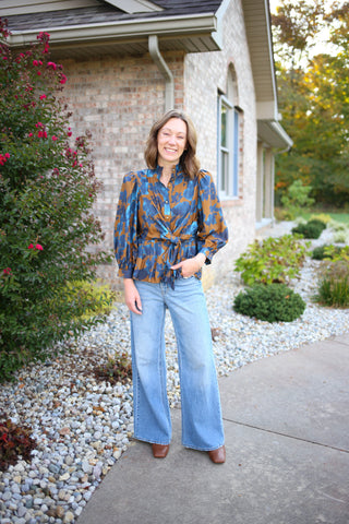 Brown and Blue Floral Print Tie Waist Top | Jade Entro