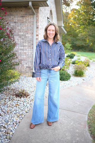 Navy and taupe stripe button-down top with hem detail, Entro