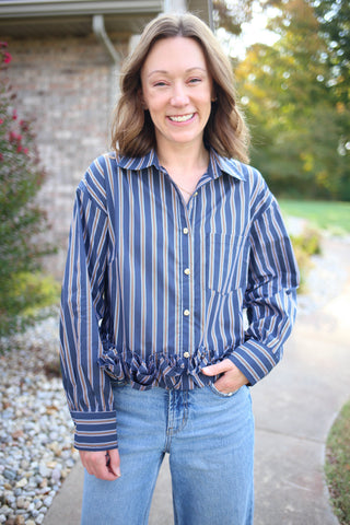 Navy and Taupe Stripe Hem Detail Button-Down Top | Hannah Entro