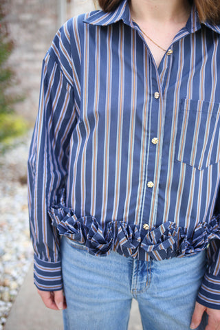 Navy and Taupe Stripe Hem Detail Button-Down Top | Hannah Entro
