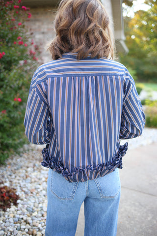 Navy and Taupe Stripe Hem Detail Button-Down Top | Hannah Entro