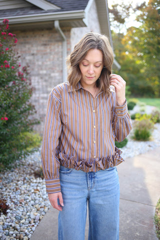 Brown and Navy Stripe Hem Detail Button-Down Top | Brinley Entro