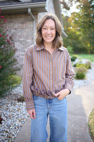 Brown and Navy Stripe Hem Detail Button-Down Top | Brinley Entro