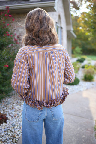 Brown and Navy Stripe Hem Detail Button-Down Top | Brinley Entro