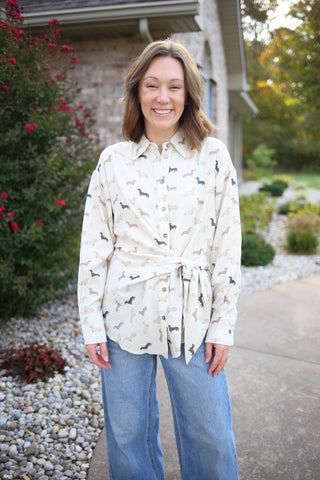 Dachshund Print Cream Button-Down Top | Margo Entro
