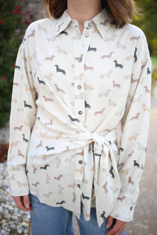 Dachshund Print Cream Button-Down Top | Margo Entro