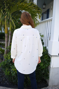 back of the embroidered navy hearts button-down top