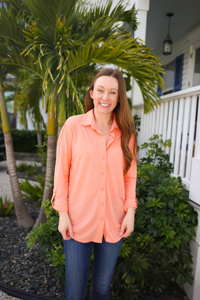 peach long sleeve button-down top staccato