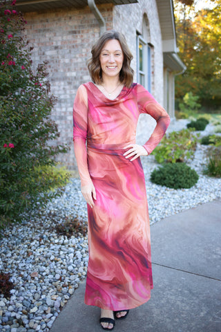 pink and red mesh overlay long sleeve maxi dress