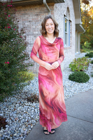 Pink and Red Mesh Overlay Maxi Dress | Mandy Gilli
