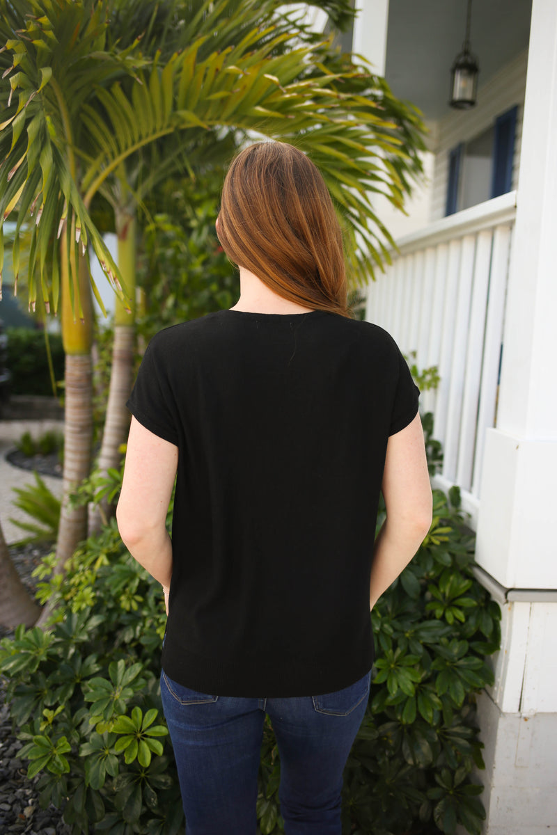 Black V-Neckline Short Sleeve Top | Boutique Elise | Nora Staccato