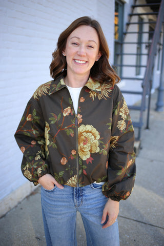 Brown Fall Floral Print Zip Front Jacket | Jane Entro