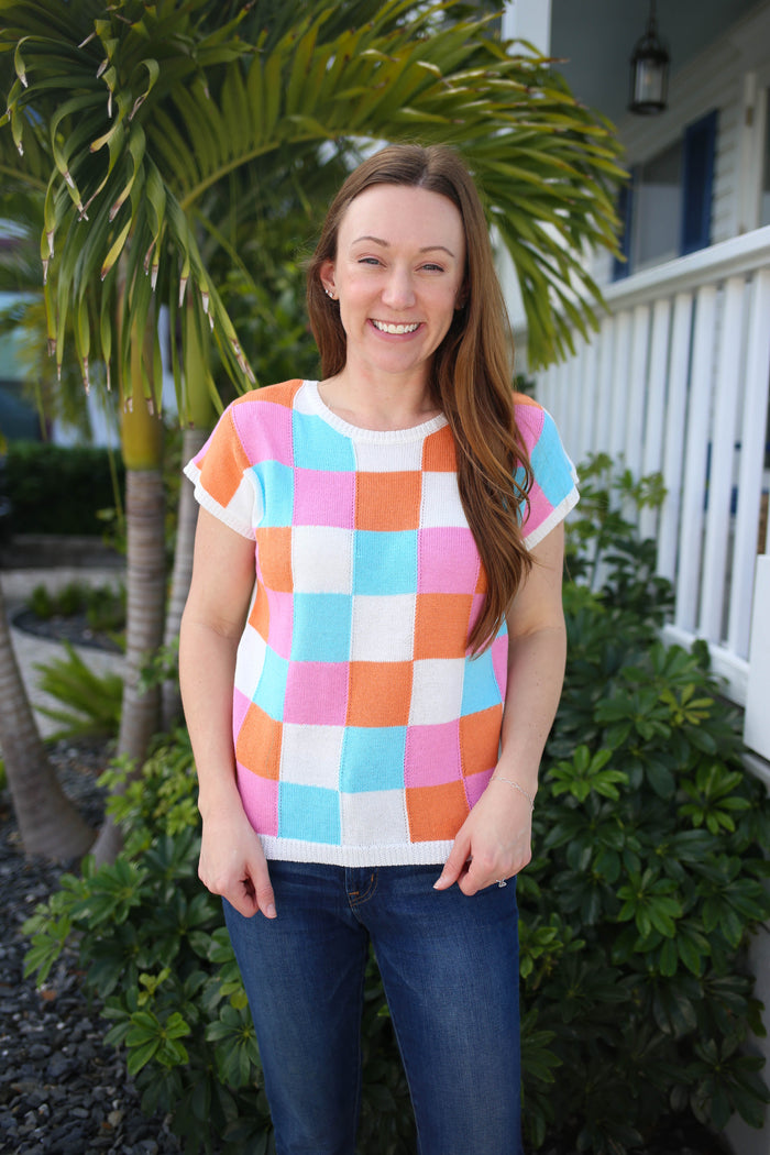 orange pink and blue colorblock short sleeve top