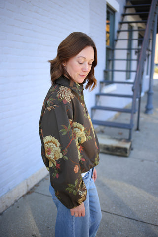 Brown Fall Floral Print Zip Front Jacket | Jane Entro