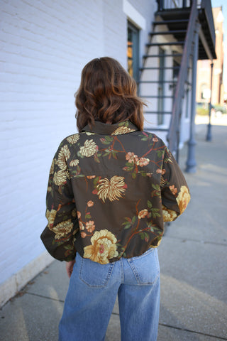 Brown Fall Floral Print Zip Front Jacket | Jane Entro