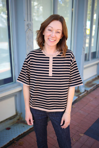Tan and Black Stripe Short Sleeve Top | Sharon Jodifl