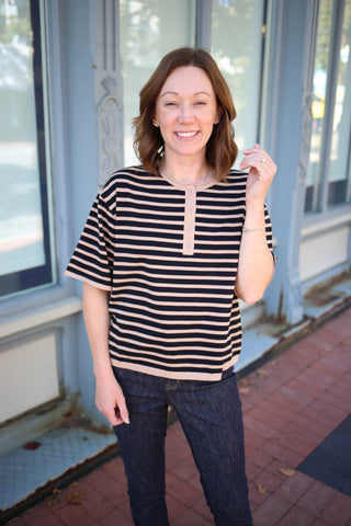 Tan and Black Stripe Short Sleeve Top | Sharon Jodifl