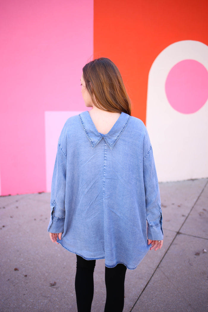 Chambray V-Neckline Collar Button-Down Top | Boutique Elise | Serena fate