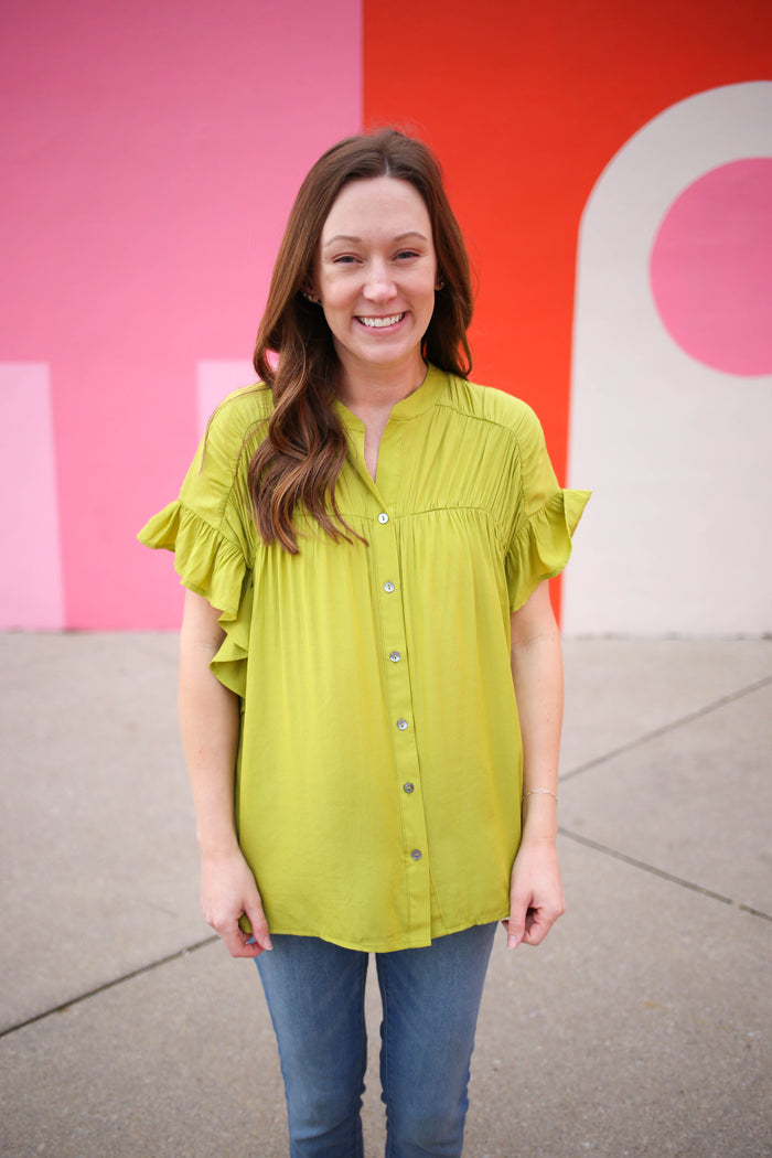 chartreuse green ruffle detail short sleeve top