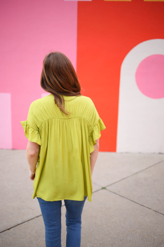 chartreuse green ruffle detail short sleeve top