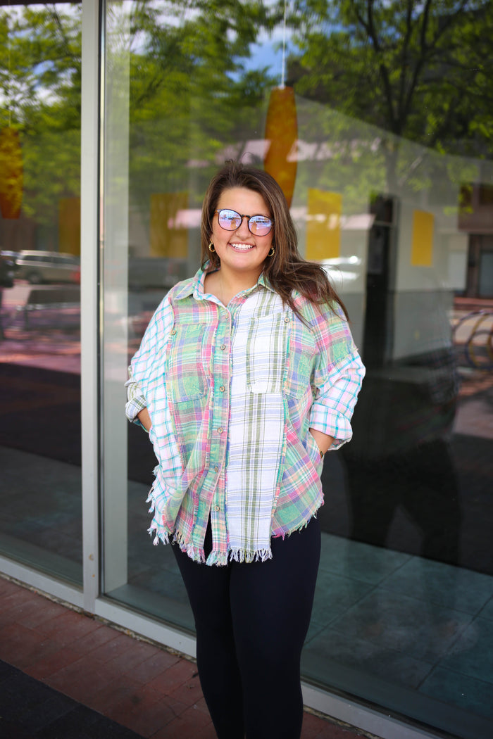 Green and Pink Button-Down Flannel | Boutique Elise | Ashley oli hali