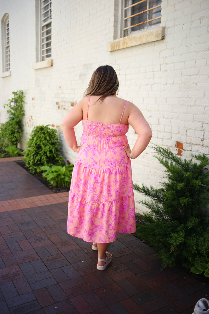 Pink and Peach Floral Print Midi Dress | Boutique Elise | Portia Gilli