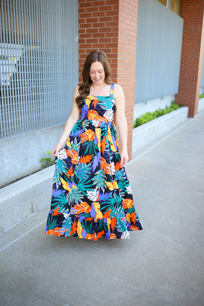 black with colorful tropical print maxi dress
