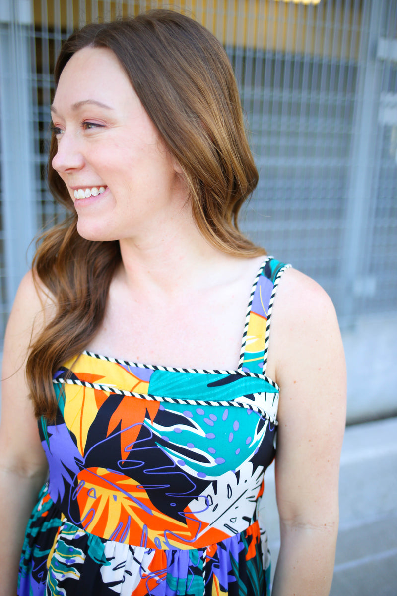 Black and Colorful Print Midi Dress | Boutique Elise | Eloise Entro