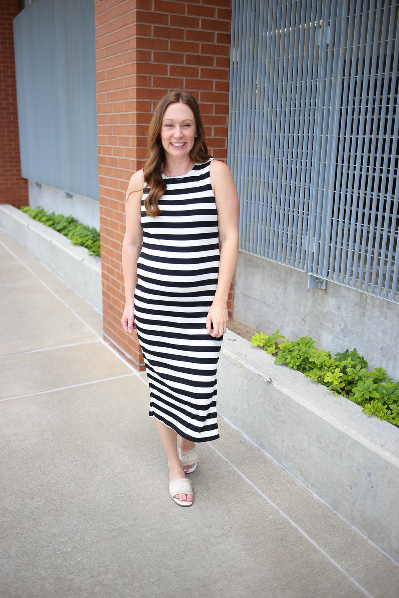 black and ivory stripe midi dress