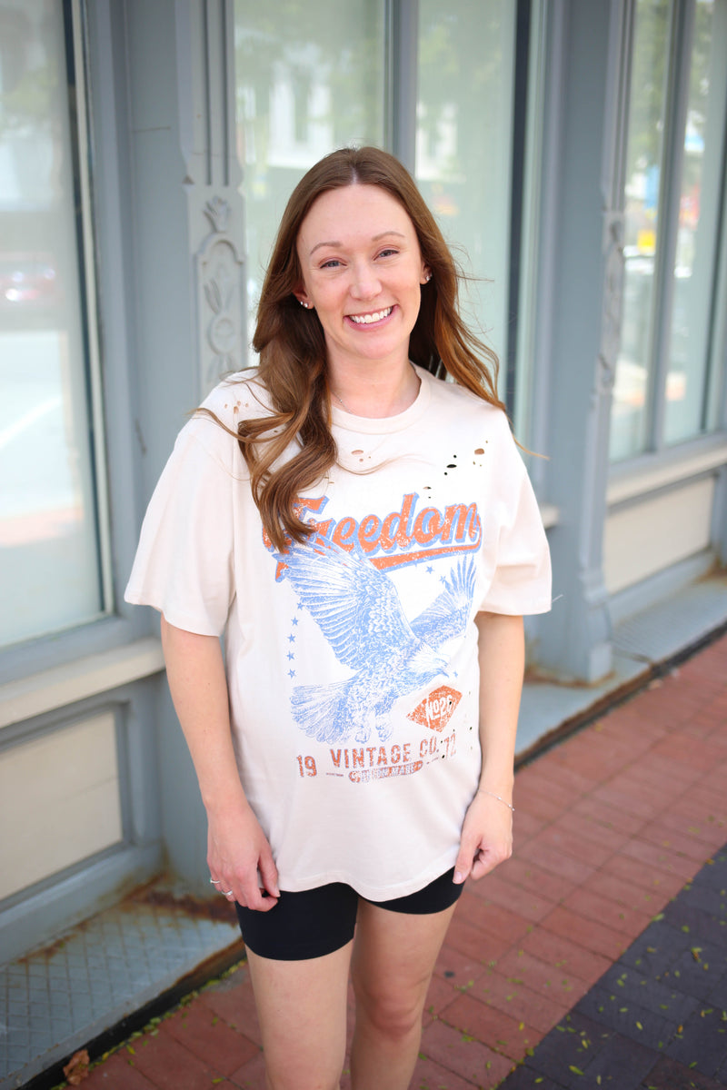 slightly distressed freedom graphic tee