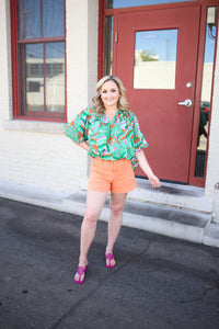 Green pink and blue print short sleeve top
