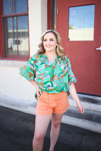 Green Pink and Blue Print Short Sleeve Top | Boutique Elise | Gia Entro