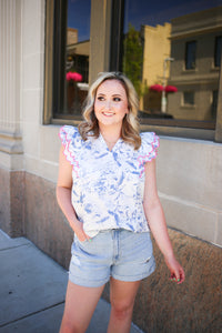 Light blue with pink embroidery sleeve detail tank top