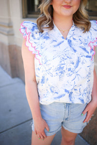 blue with pink embroidery detail tank top
