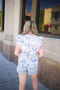 Blue with Pink Embroidery Sleeve Top | Boutique Elise | Cami Entro
