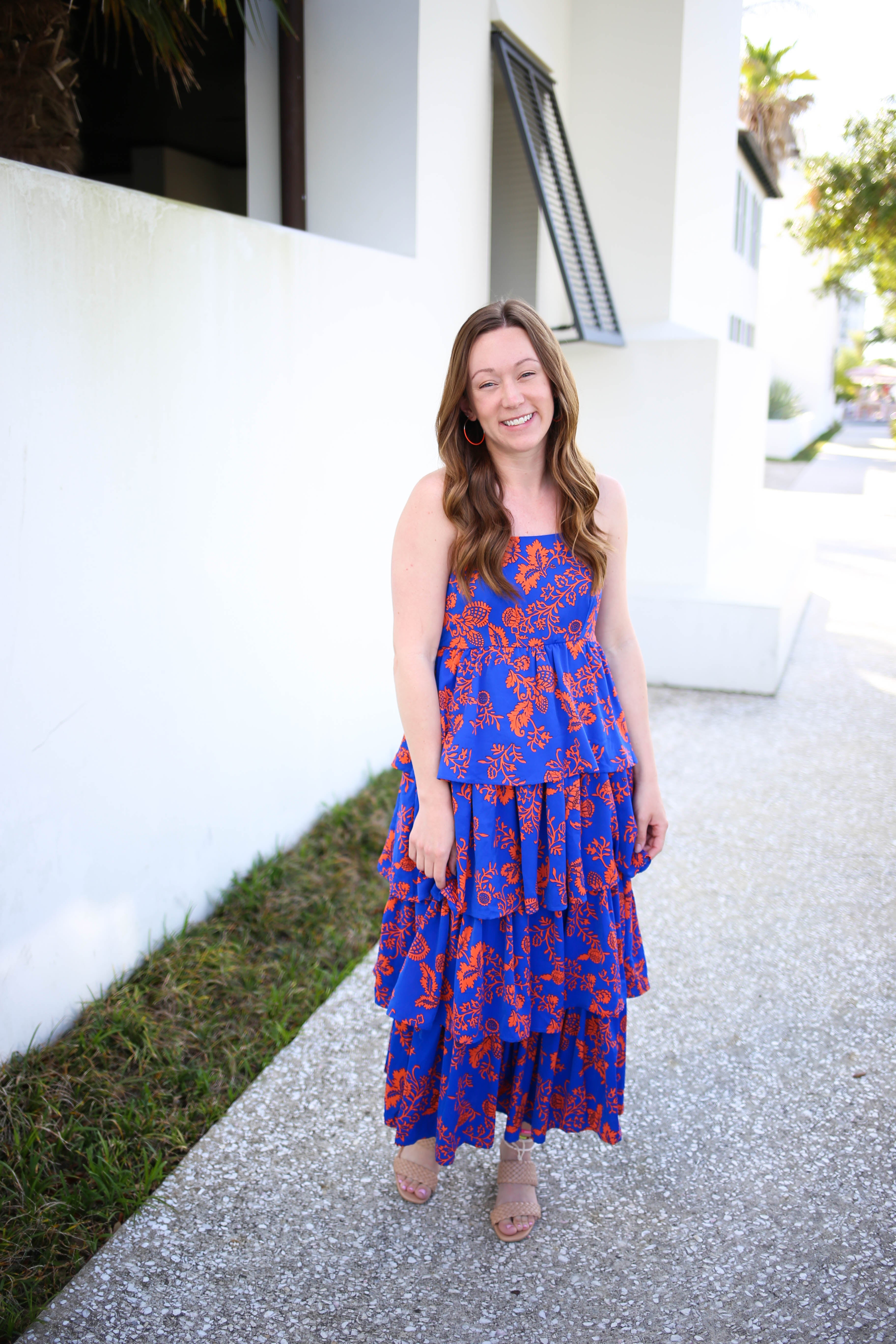 Blue and Orange Tiered Ruffle Maxi Dress | Boutique Elise
