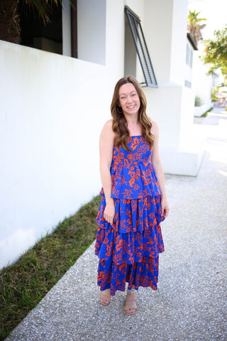 blue and orange tiered ruffle maxi dress