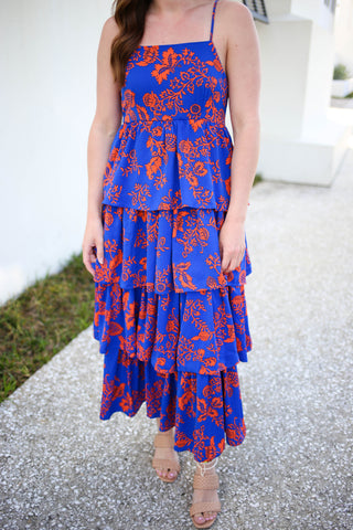 blue and orange tiered ruffle maxi dress