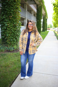 mustard and navy plaid mineral wash flannel