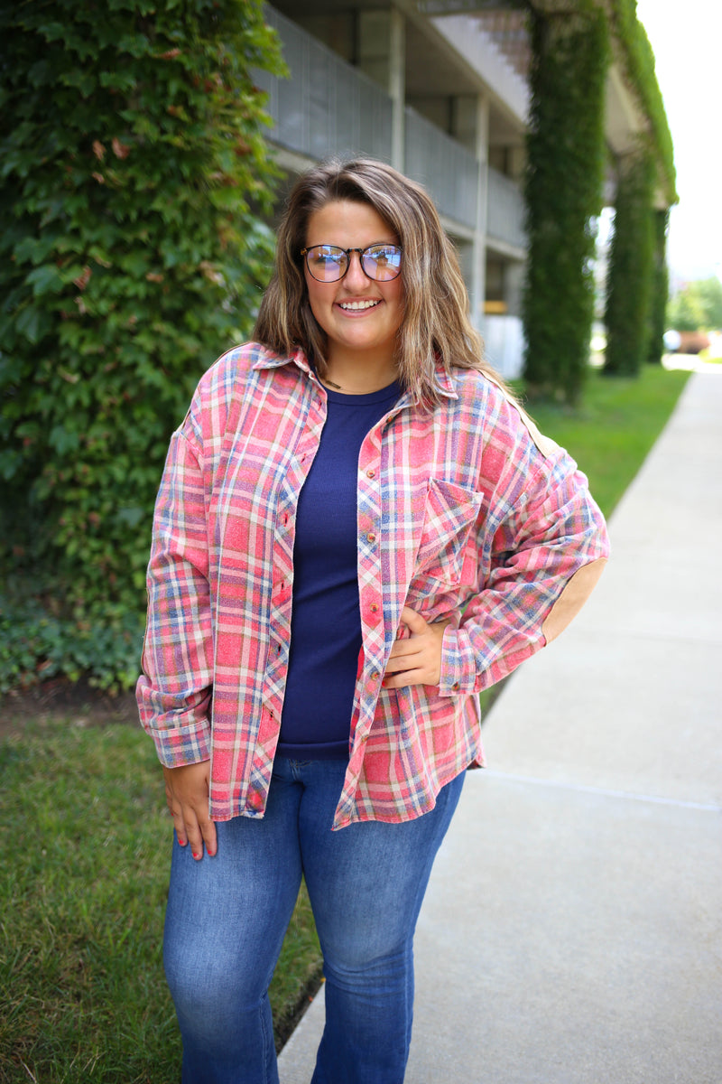 Red and navy plaid mineral wash flannel 