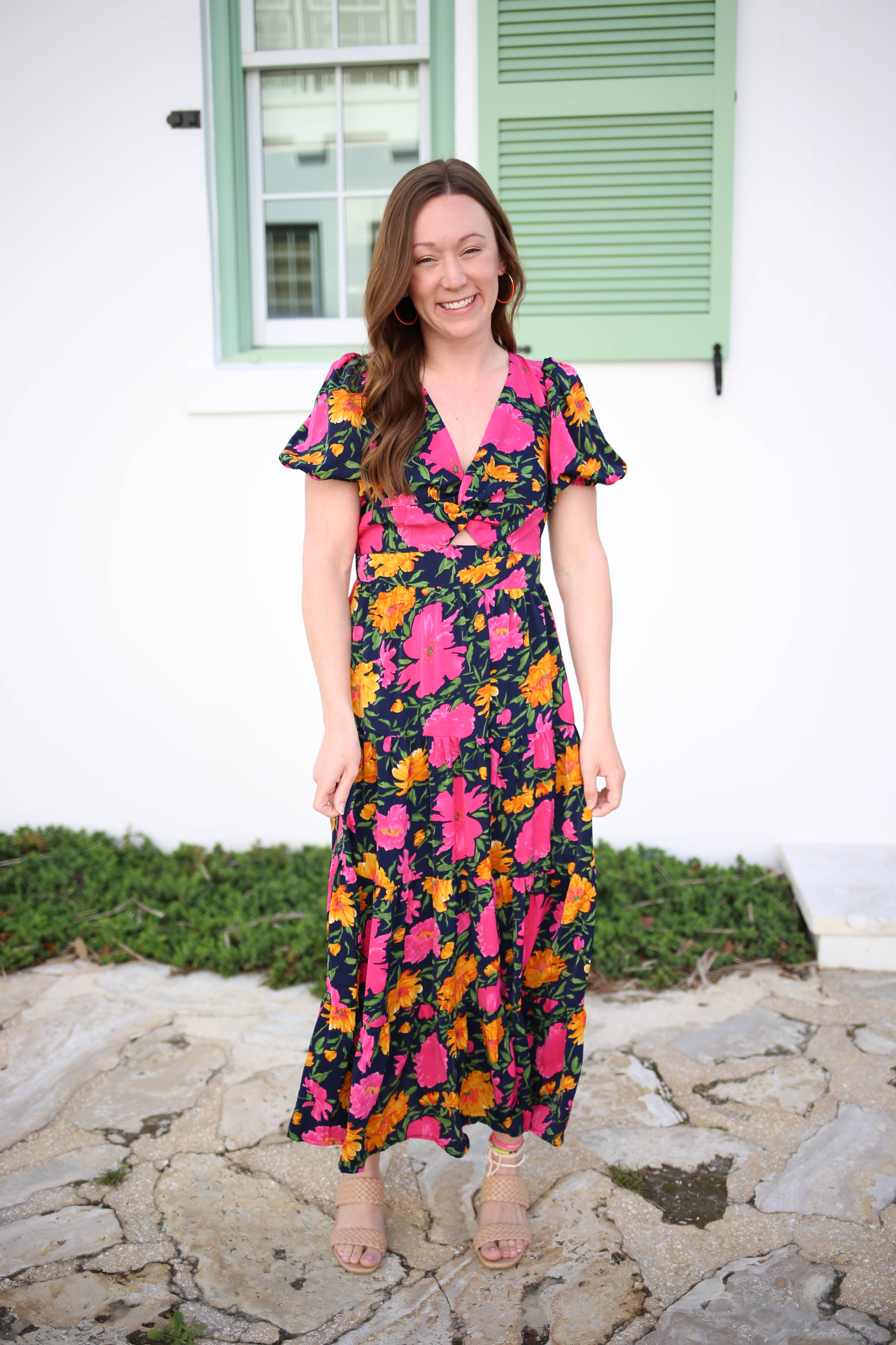 Navy Pink and Yellow Floral Print Midi Dress | Boutique Elise | Delilah Navy Pink and Yellow Floral Print Midi Dress | Boutique Elise | Delilah
