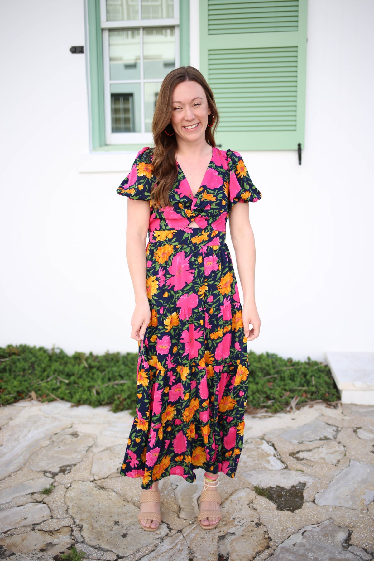 navy pink and yellow floral print midi dress