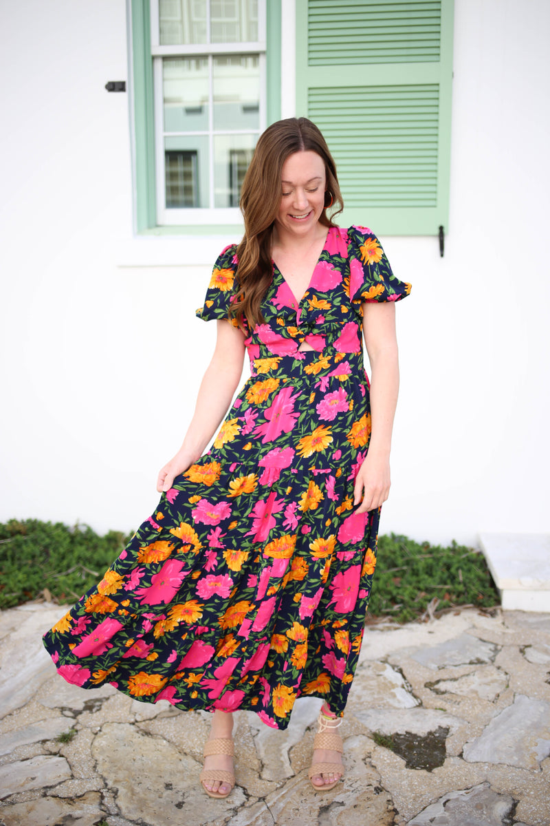 navy and pink midi dress Arielle Fit And Flare Midi Dress