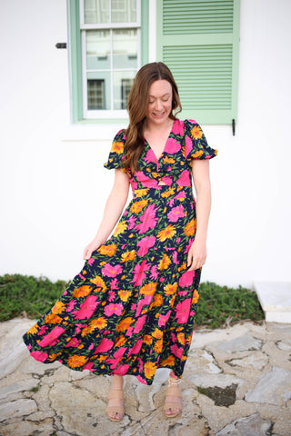 navy pink and yellow floral print midi dress