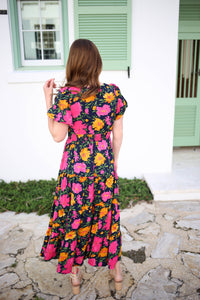 Navy Pink and Yellow Floral Print Midi Dress | Boutique Elise | Delilah Entro